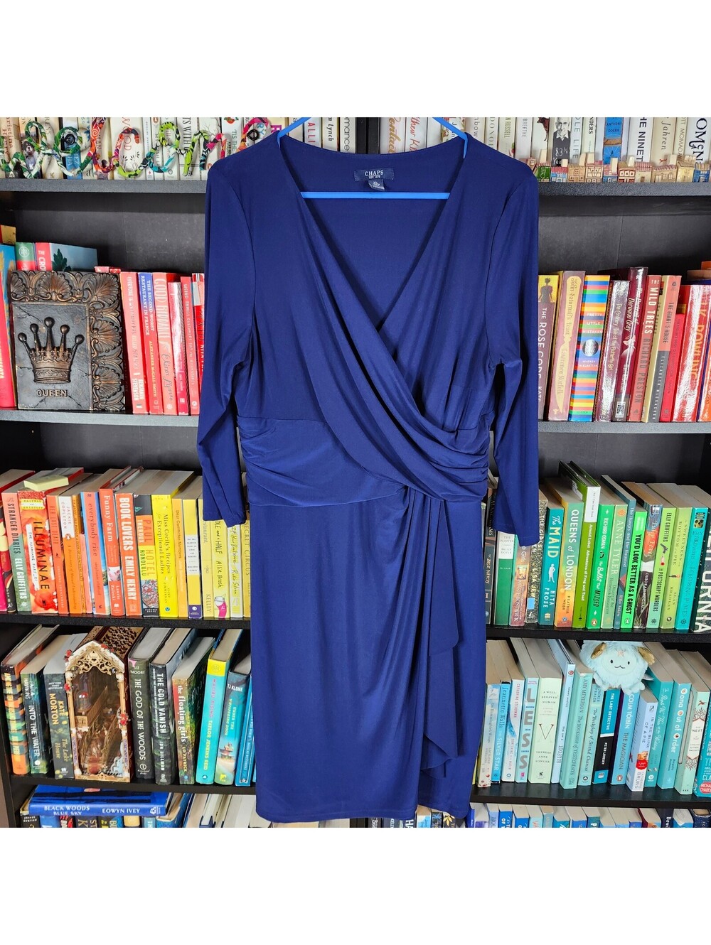 Chaps Blue Faux Wrap Dress XL Ruched 3/4 Sleeve Stretch Midi Sheath